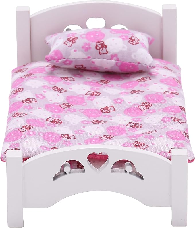 Dollhouse Furniture mini Kid’s Bed Set, Realistic Bedroom Accessories for 6 inch Dolls, Pink Bedding, White Wood, 1/12 Scale