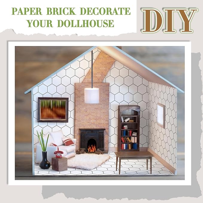 Flutesan 12 Pcs Miniature Dollhouse Wallpaper and Flooring Peel and Stick Mini DIY Self Adhesive Dollhouse Accessories 8.27 x 11.69 Inch (Hexagonal Grid)