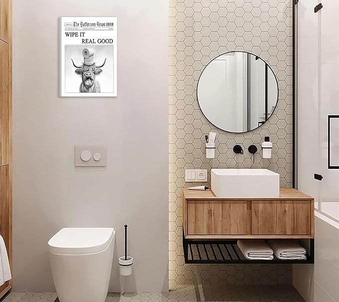 VPUQWGKE Black White Highland Cow Bathroom Canvas Wall Art Funny Highland Cow Toilet Paper On Head Picture Painting Bathroom Animals Print Wall Decor Farmhouse Decoration 16x24in Can Be Hung Directly