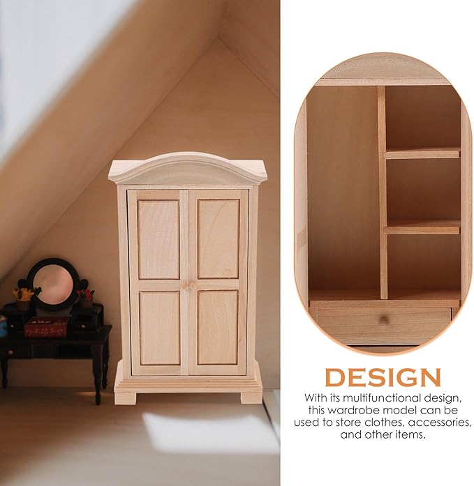 Abaodam Mini Wooden Wardrobe Model 1 12 Scale Doll House Furniture Double Door Closet Tiny Wardrobe for Dollhouse Decor and Accessories