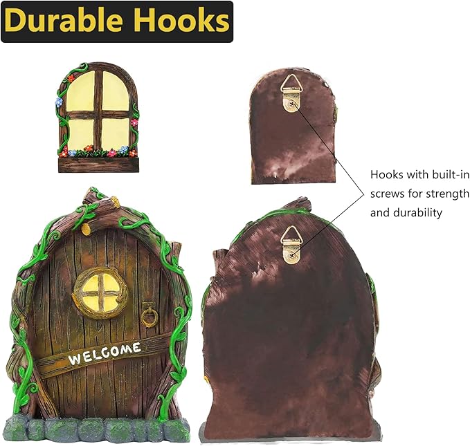 Jauay Miniature Fairy Garden Accessories: Glow in The Dark Fairy Door and Windows for Trees, Green Resin Garden Ornament with Lantern