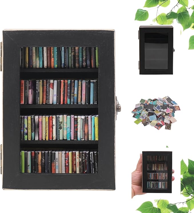 Anxiety Bookshelf Ornament | Small Bookshelf Miniature Library With 100pcs Mini Books| Shake Away Your Anxiety Book Library for Book Lovers Home Office Decor (Black)