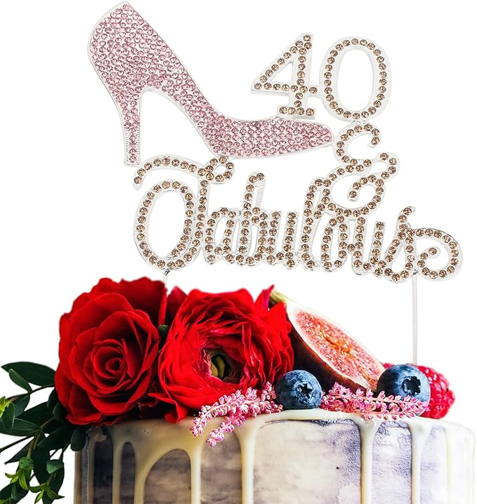 LINGTEER 40 Fabulous Pink High Heel Rhinestone Crystal Cake Topper Perfect for 40th Birthday Anniversary Party Keepsake Sparkle Decoration