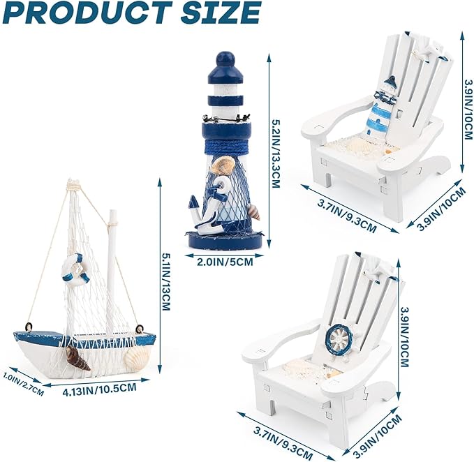 JQAQJU 4" Wooden Beach Chair Lighthouse Sailboat, 4pcs Mini Nautical Home Decoration & Beach Ocean Ornament for Summer Bathroom Bedroom Kitchen