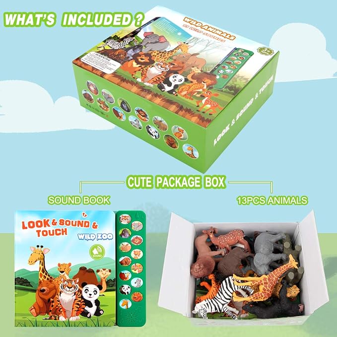Safari Animals Figures Toys - 13 Realistic Wild Plastic Animal Figurines & Kids Sound Book - Educational Learning Toys Gift for 3 Years Old & Up Boys Girls Toddlers