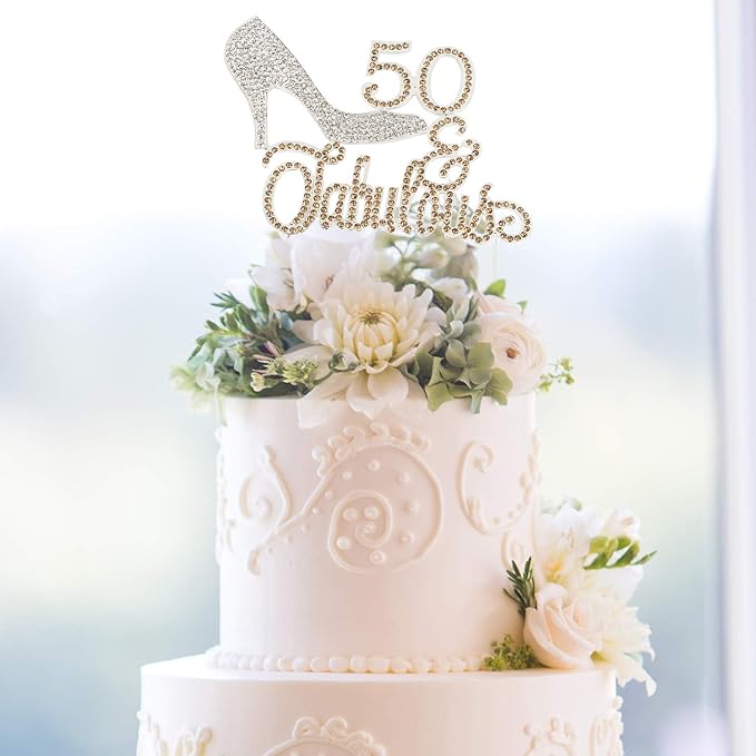 LINGTEER 50 Fabulous Silver High Heel Rhinestone Crystal Cake Topper Perfect for 50th Birthday Anniversary Party Keepsake Sparkle Decoration