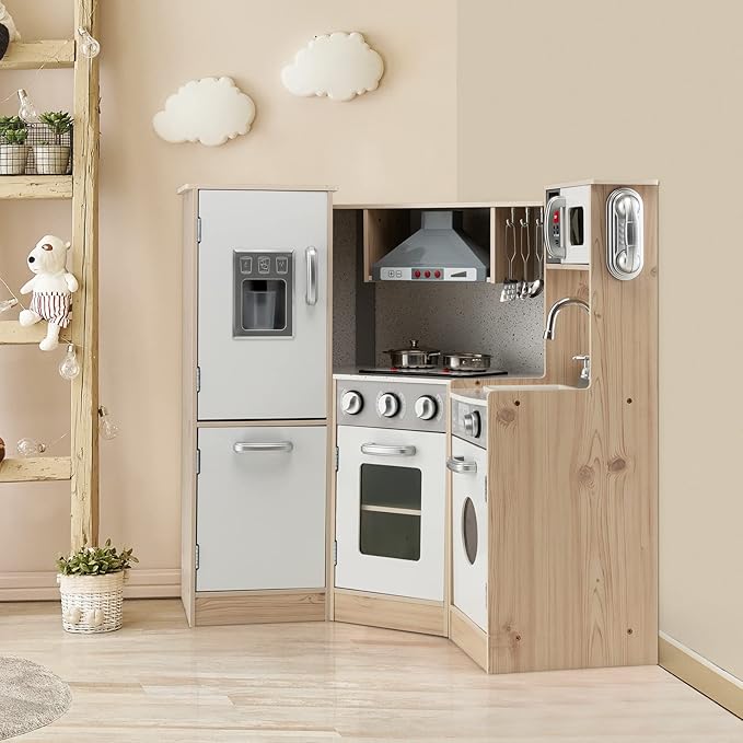 Costzon Kids Kitchen Playset, 9-in-1 Wooden Pretend Play Kitchen w/Realistic Light & Sound, Ice Maker, Washing Machine, Microwave & Stove, Toddler Kitchen Toy Set for Boys & Girls