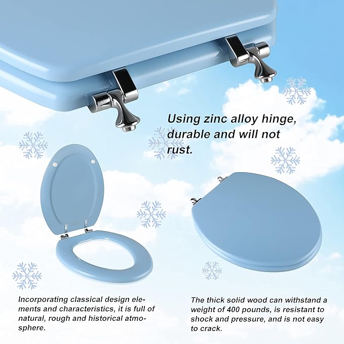 Blue Elongated Toilet Seat Natural Wood Toilet Seat with Zinc Alloy Hinges, Easy to Install also Easy to Clean, Scratch Resistant Toilet Seat by Angol Shiold (Elongated, Blue)