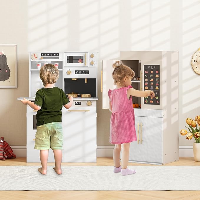 INFANS Play Kitchen for Kids, 2-Piece Fridge Refrigerator Playset Combination with Electronic Interactive Alphabet Wall Chart Coffee Machine Stove Microwave, Toddler Wooden Pretend Cooking Set Gift