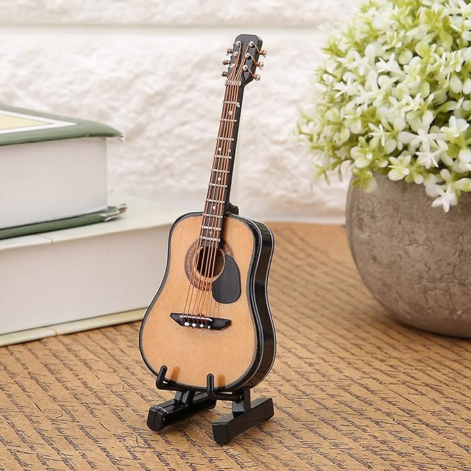 Wooden Miniature Guitar with Stand and Case ,Mini Guitar Collectible Figurines Dollhouse Miniatures, Lovely Musical Instrument Display Model (3.9"x1.5"x0.5")