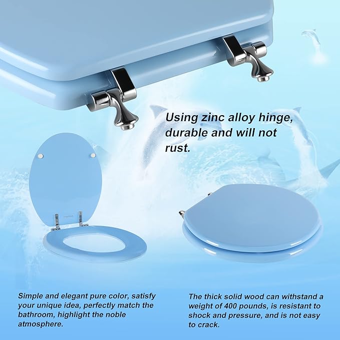 Blue Round Toilet Seat Natural Wood Toilet Seat with Zinc Alloy Hinges, Easy to Install also Easy to Clean, Scratch Resistant Toilet Seat by Angol Shiold (Round, Blue)