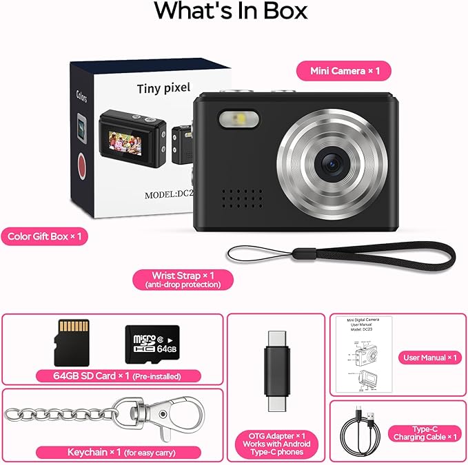 Dienspeak Mini Camera 1080P HD Video Recorder - Keychain Digital Camcorder with 64GB Card, 0.96" HD Display, Long Battery Life, Ultra-Portable Tiny Camera for Travel/Vlog/Night Shots, Black