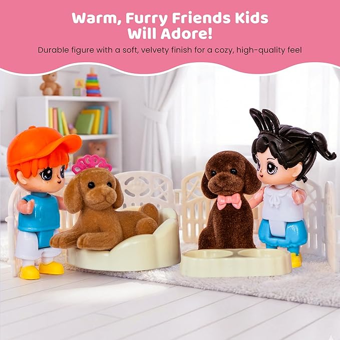 FUNERICA Dollhouse People & Pets – Velvety Furry Puppies, Pet Accessories & Posable Doll House Family Set – Dolls for Dollhouse, Little People Figures, Doll House Accessories and Furniture
