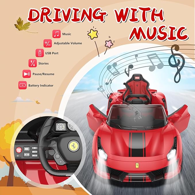 DIKEP 12V Kids Electric Ride On Car, Licensed Ferrari 488 Pista Spider Powered Ride On Toy Vehicle with Remote Control, Speaker, Openable Doors, Leather Seat, Spring Suspension, LED Lights, MP3, Red