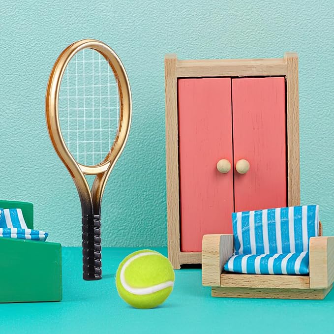 Kisangel 2 Sets Mini Tennis Rackets and Balls, 1:12 Dollhouse Tennis Toy Miniature Tennis Kit Mini Tennis Cake Decorations Topper for Sports Equipment