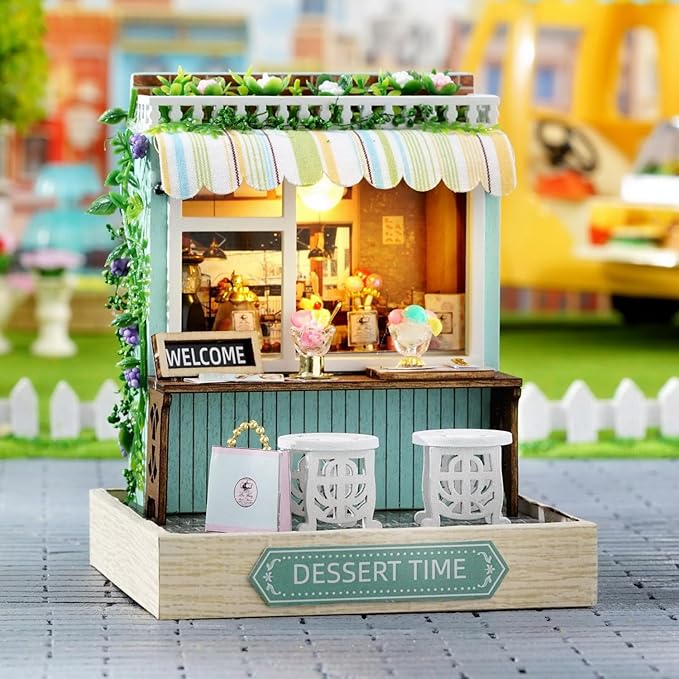 TuKIIE DIY Miniature Dollhouse Kit with Furniture, 1:24 Scale Creative Room Mini Wooden Christmas Doll House Plus Dust Proof for Kids Teens Adults(Dessert Time)