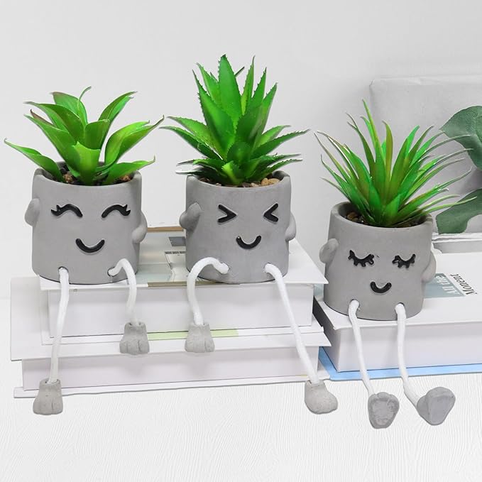 SEMSOIIO 3 Pcs Aesthetic Faux Succulents with Dangling Legs Small Fake Plants in Face Pots Kawaii Shelf Sitters Unique Office Gifts for Women and Coworkers Grey