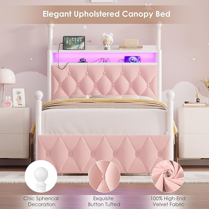 HIFIT Set of 2 Girls Twin Upholstered LED Canopy Bed Frame with Charging Station & Storage Drawer, Button Tufted Storage Headboard w/Bookshelf, Two-Use Kids Platform Bed frame w/4 Removable Post, Pink