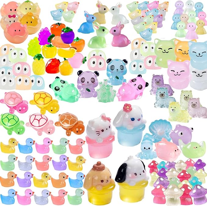 Luminous Mini Resin Animals - 138 Pcs Tiny Animals Mini Ducks Tortoise Rabbit Panda Mushroom Fruits Seashells Set Figurines Glow in The Dark Garden Miniatures Fairy Garden Accessories (138)