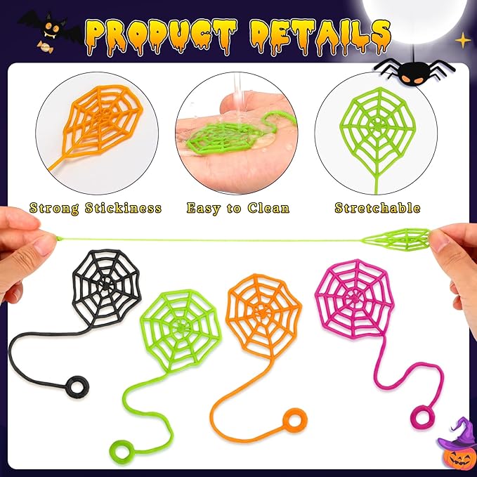 24 PCS Sticky Spider Web for Kids, 5.1 Inches Cobweb Sticky Hand Toys, Halloween Spider Party Favors for Goodie Bag Stuffers, Birthday, Classroom Prizes Supplies (4 Colors)