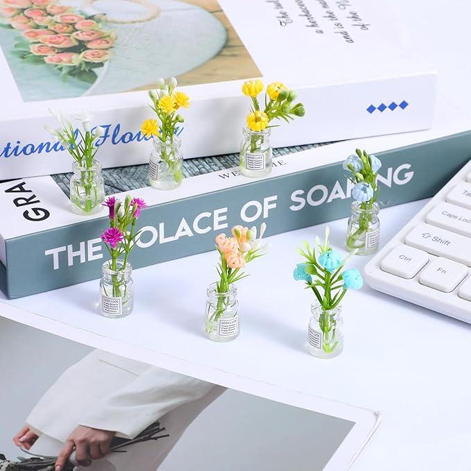 10 Pcs Dollhouse Miniatures Flowers Plants, 1:12 Tiny Small Glow in The Dark Glass Vase Flowers Plant House Decor, Faux Flower Model Miniature Dollhouse Accessories for Tiny Houses