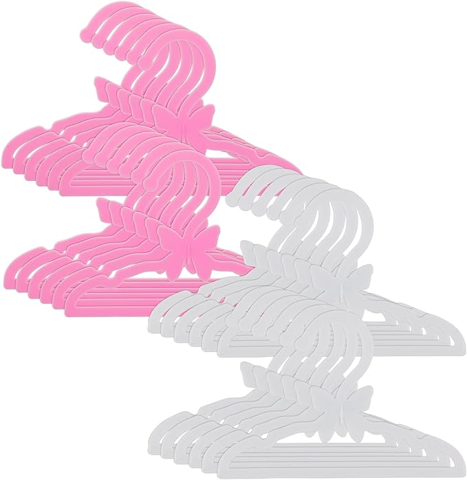 Doll Clothes Hangers for American 18" Girl Dolls - Set of 24 Unique Pink and White Butterfly Wardrobe Hangers- Holds Accessories, Sets, Shirts, Jackets, Pants, Dresses, Gifts for Girls Kids Birthday