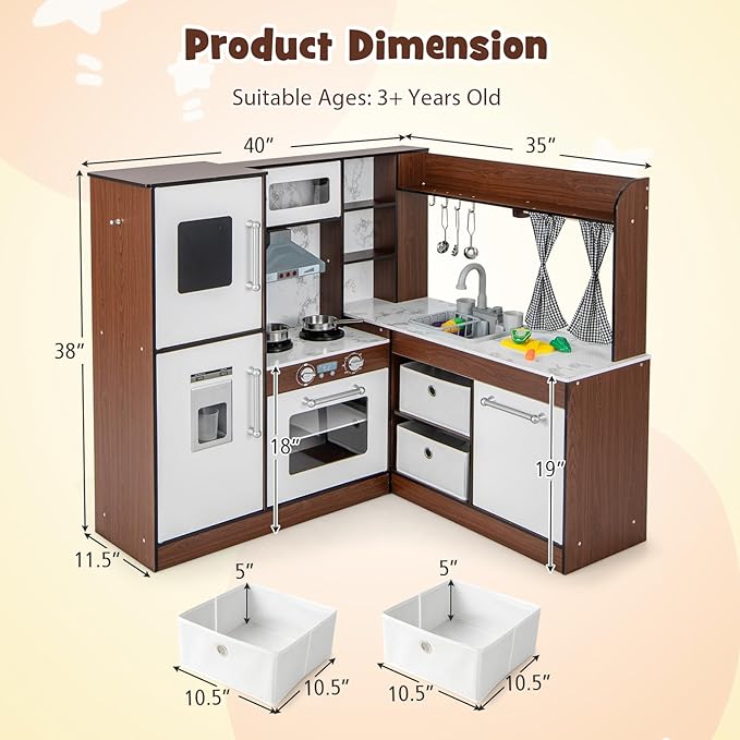 INFANS Corner Kids Kitchen Playset, Ultimate Wooden Pretend Cooking Toy Set with Real Running Water Circulation Light Sound Stove Storage Cabinet, Simulation Play Kitchen Gift for Girls Boys
