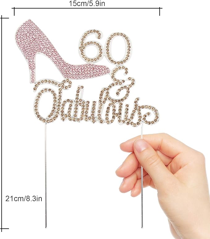 LINGTEER 60 Fabulous Pink High Heel Rhinestone Crystal Cake Topper Perfect for 60th Birthday Anniversary Party Keepsake Sparkle Decoration