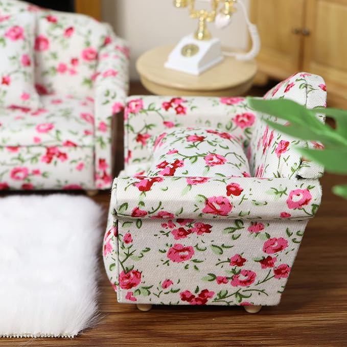 Dollhouse Couch with Pillow 1 12 Scale Miniature Sofa Arm Chair Living Room Furniture Wooden Fabric Frame Single Reading Chair Artificial House Room Scene Decoration (Rose Floral)