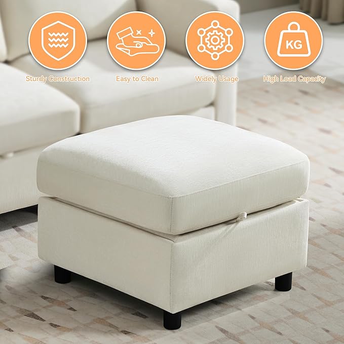 25" Square Storage Ottoman for Modular Sectional Sofa, Convertible Couch Footrest with Hidden Compartment, Chenille Upholstered Coffee Table & Extra Living Room Seating, Beige