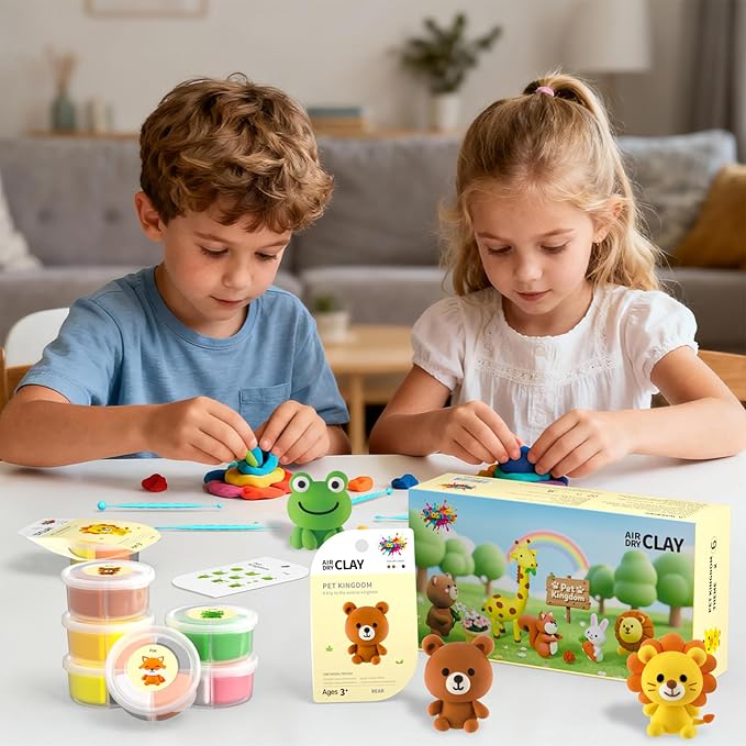 Air Dry Clay for Kids - 6 Animal Themed Modeling Clay Kit, Model Magic Clay with Sculpting Tools and Tutorials, Ultra Light & Soft, Non-Toxic & Safe, DIY Arts and Crafts School Projects for Kids