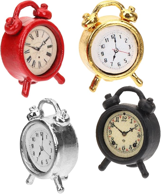STOBOK 4Pcs Miniature Alarms Dollhouse Decoration Accessories, Cute Tiny Alarm Clocks Miniture House Clock for DIY Craft Minihouse Accessories 1:12 Scale Miniature Scene Dollhouse Ornaments