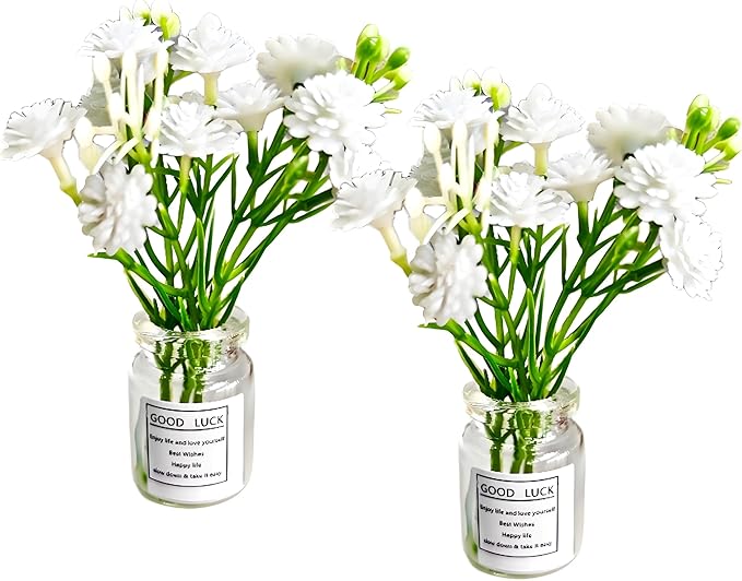 2 Pcs Miniature Flower Vases with White Baby’s Breath – Realistic Handmade Dollhouse Accessories for 1:6/1:8 Scale, Fairy Garden Props, DIY Craft Elements, Car Decor, Micro Landscape Embellishments（B）