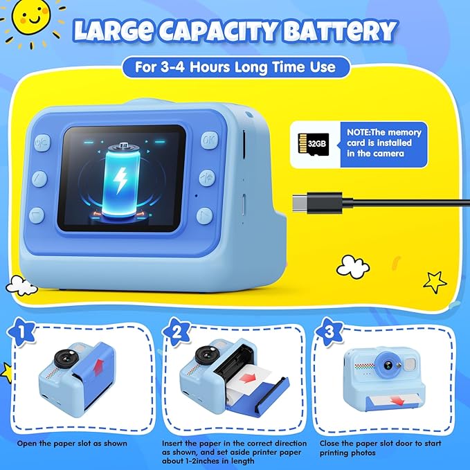 Kids Camera Instant Print, 1080P HD Instant Print Camera for Kids with 3 Rolls Print Paper & 32GB Card, Selfie Digital Camera for Kid, Ideal Kid Toys Gifts for Boys & Girls Age 3-14 (Blue)