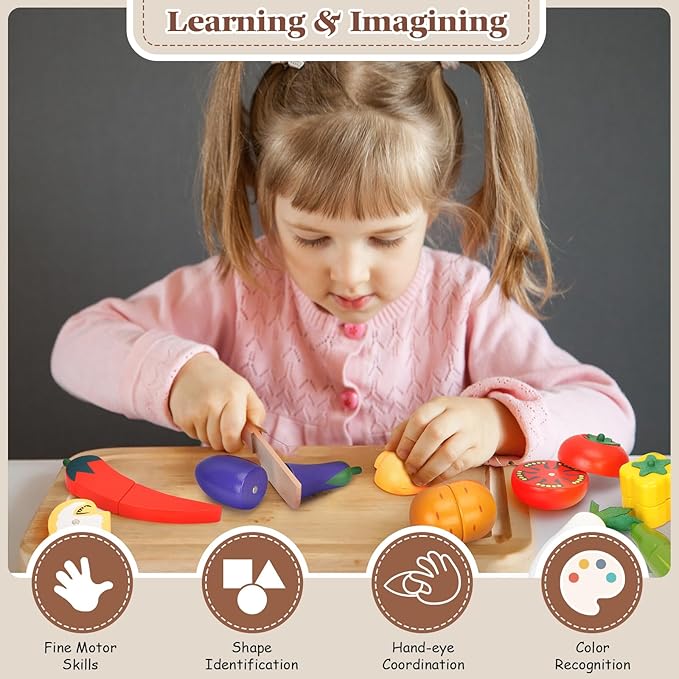 Victostar Magnetic Wooden Cutting Fruits Vegetables Food Play Toy Set with Basket for Kids