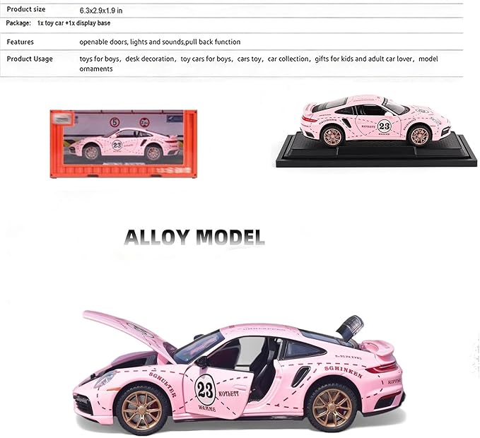 Toy Cars for Kids Age 3-8, Turbo S Alloy Diecast Model Car with Light & Sound, Toy Gifts with Display Base, Pull Back Sports RC Car Toys for Boys & Girls Pink