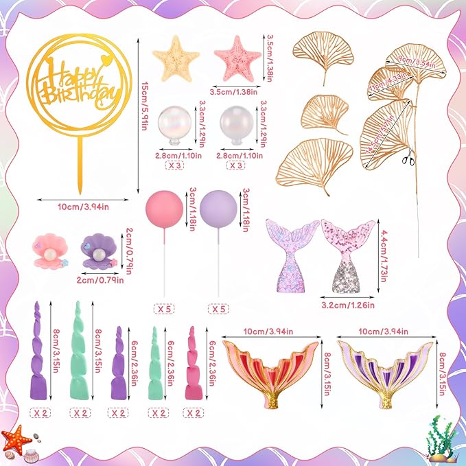 40 Pcs Mermaid Cake Topper - Mermaid Tail Cake Decorations with Seaweed Shells Starfish Under the Sea Cake Decorations for Birthday Party Decorations