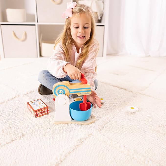 Melissa & Doug Make-a-Cake, 10-Piece Wooden Mixer Set with Play Food & Play Kitchen Accessories, Preschool Toys for Girls & Boys Ages 3+ - FSC Certified