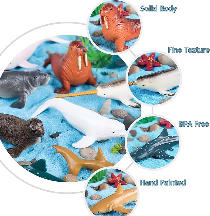 EOIVSH 24PCS Mini Ocean Animal Figurines - Realistic Sea Creatures Toy Figures with Sharks, Whales & Walrus - Under The Sea Life Figure for Party Decoration, Easter Egg Filler & School Project