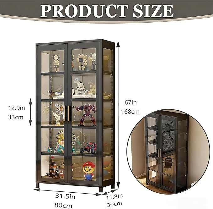 Display Cabinet with Glass Doors, 5-Tier Curio Cabinet with 4 Adjustable Shelves for Collectibles Toy Organizers Rack & Display Shelf, Kids Bookcase for Bedroom, Living Room, Reading Nook (Black)
