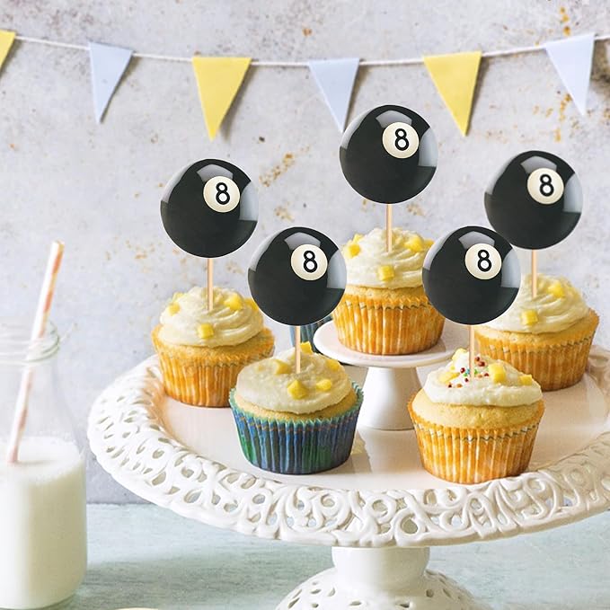 Ercadio 24 Pack Double Sided Pool Ball Cupcake Toppers Sports Cupcake Picks Birthday Cake Decorations Baby Shower Sports Theme Party Cake Decorations
