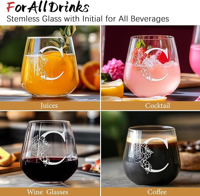 Personalized Gifts for Women, Monogrammed A-Z Wine Glass Customized Gift, Unique Wedding Birthday Gifts for Women Her Mom Friend Sister Wife Daughter Nurse - Dishwasher Safe (C)