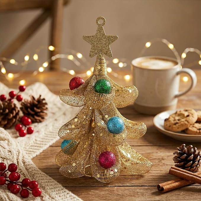 XMIAOX Mini Metal Christmas Tree, 5.9" Handcrafted Wire Mesh Tree Tabletop Hanging Ornament with Star Tree Topper & Colorful Glitter Balls, Sparkling Holiday Decoration for Desk, Shelf & Home Décor