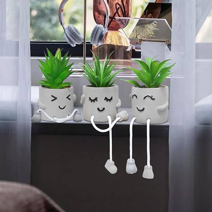 SEMSOIIO 3 Pcs Aesthetic Faux Succulents with Dangling Legs Small Fake Plants in Face Pots Kawaii Shelf Sitters Unique Office Gifts for Women and Coworkers Grey