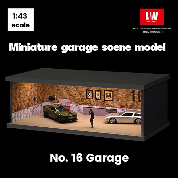 1/43 Diorama Display Case with Tri-Colour Dimmable Lighting, Fits for Hot Wheel Matchbox Mini GT Diecast Cars Model,1:43 Car Garage Parking Lot Scene Display Storage (No.16 Garage)