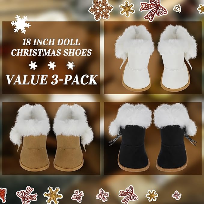 Bencailor 3 Pairs Doll Shoes 18 Inch Doll Boots Winter Dolls Snow Boots Christmas Accessories for Dress up(Black White Brown)