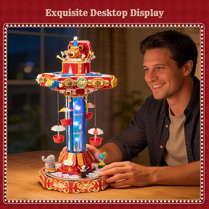 PANTASY Circus Paradrop Building Block Set, Retro Carnival Display Model with LED Lights, Motorized Moving Ride, Colorful Star Columns, Magic Box Teddy Bear, Type-C Powered Interactive Adult Collector