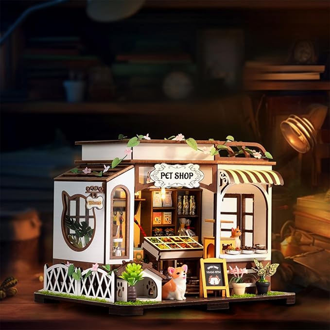 GuDoQi DIY Miniature House Kits, DIY Miniature Dollhouse Kit with Furniture, Tiny House Kits 1:24 Scale, Creative DIY Crafts for Adults, Christmas Day Birthday Gifts, Pet Shop