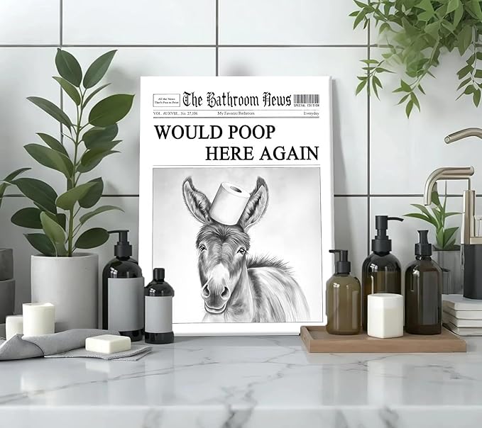 Black White Bathroom Silly Donkey Canvas Wall art Funny Donkey Toilet Paper On head Painting Picture Wall Decor Humorous Animals Poster Print Artwork for Toilet Bathroom Home Decoration 16x24in