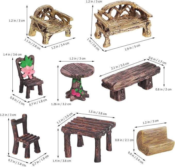 FAVOMOTO 10PCS Miniature Table and Chairs Set, Garden Furniture Ornaments Micro Landscape Decoration Fairy Garden Accessories for Dollhouses Home Decor
